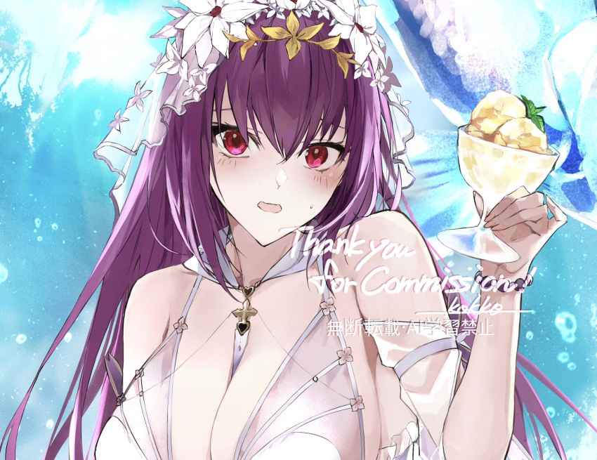 bare_shoulders bead_bracelet beads bikini blush bracelet breasts cleavage commentary_request commission cup dress english_text fate/grand_order fate_(series) female food hair_between_eyes highres holding holding_cup ice_cream jewelry kino_kokko large_breasts long_hair looking_at_viewer one-piece_swimsuit purple_hair red_eyes scathach_(fate) scathach_skadi_(fate) scathach_skadi_(swimsuit_ruler)_(fate) scathach_skadi_(swimsuit_ruler)_(third_ascension)_(fate) see-through_clothes solo sundae swimsuit thank_you tiara upper_body veil white_bikini white_dress white_one-piece_swimsuit white_veil