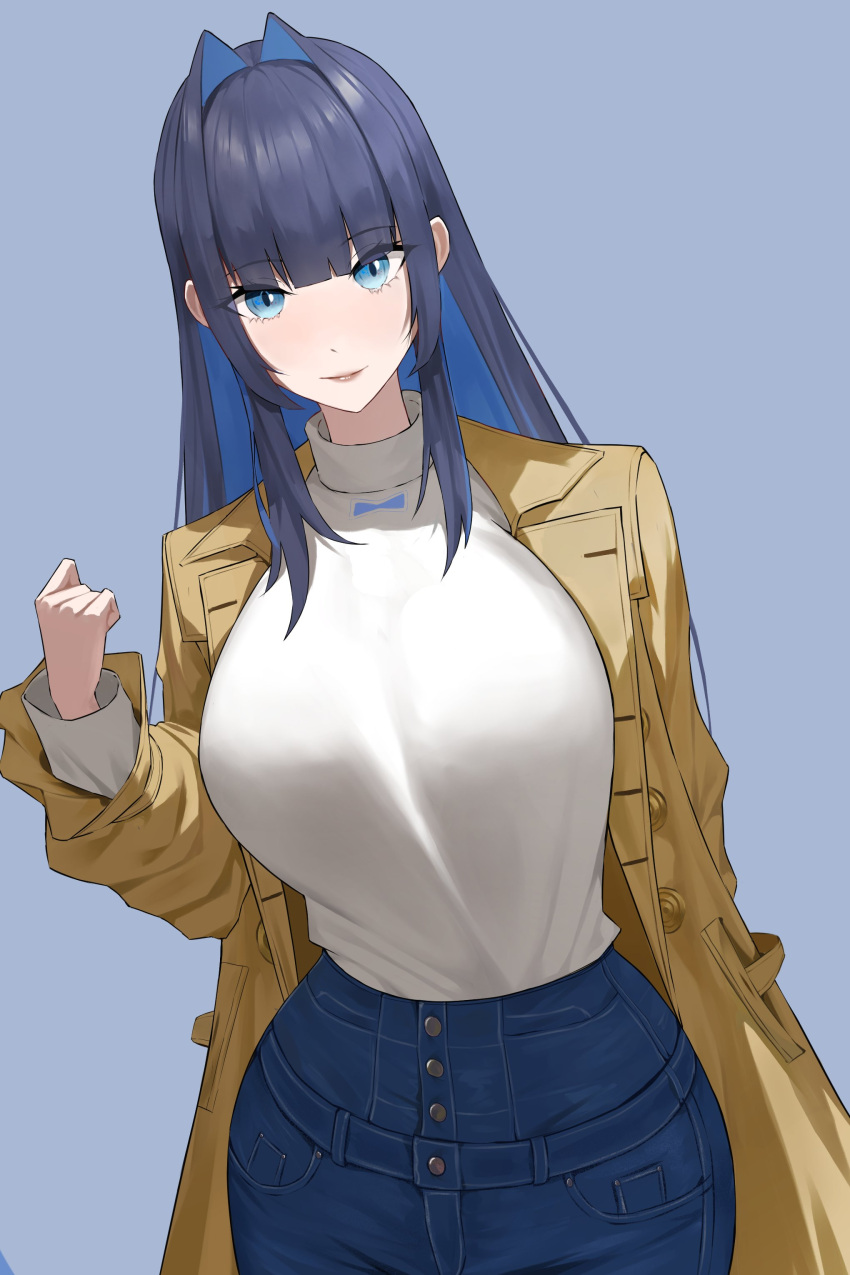 absurdres blue_eyes blue_hair blue_pants blunt_bangs blush breasts brown_coat coat colored_inner_hair denim female hair_intakes high-waist_pants highres holocouncil hololive hololive_english jeans large_breasts long_hair long_sleeves looking_at_viewer multicolored_hair official_alternate_costume official_alternate_hair_length official_alternate_hairstyle ouro_kronii ouro_kronii_(casual) pants rawoon_d shirt smile solo sweater sweater_tucked_in trench_coat turtleneck virtual_youtuber white_shirt white_sweater