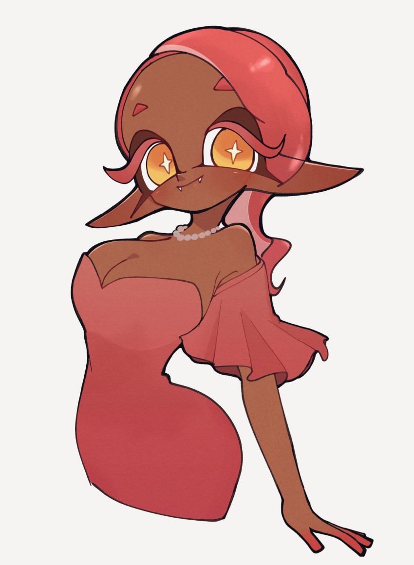 333surimi armpit_crease breasts bright_pupils colored_eyelashes commentary_request cropped_torso dark-skinned_female dark_skin dress eyelashes fangs fangs_out female frye_(splatoon) highres inkling large_breasts long_hair long_pointy_ears pointy_ears red_dress red_hair short_eyebrows simple_background solo splatoon_(series) splatoon_3 standing star-shaped_pupils star_(symbol) strapless strapless_dress symbol-shaped_pupils tentacle_hair thick_eyebrows white_background white_pupils yellow_eyes