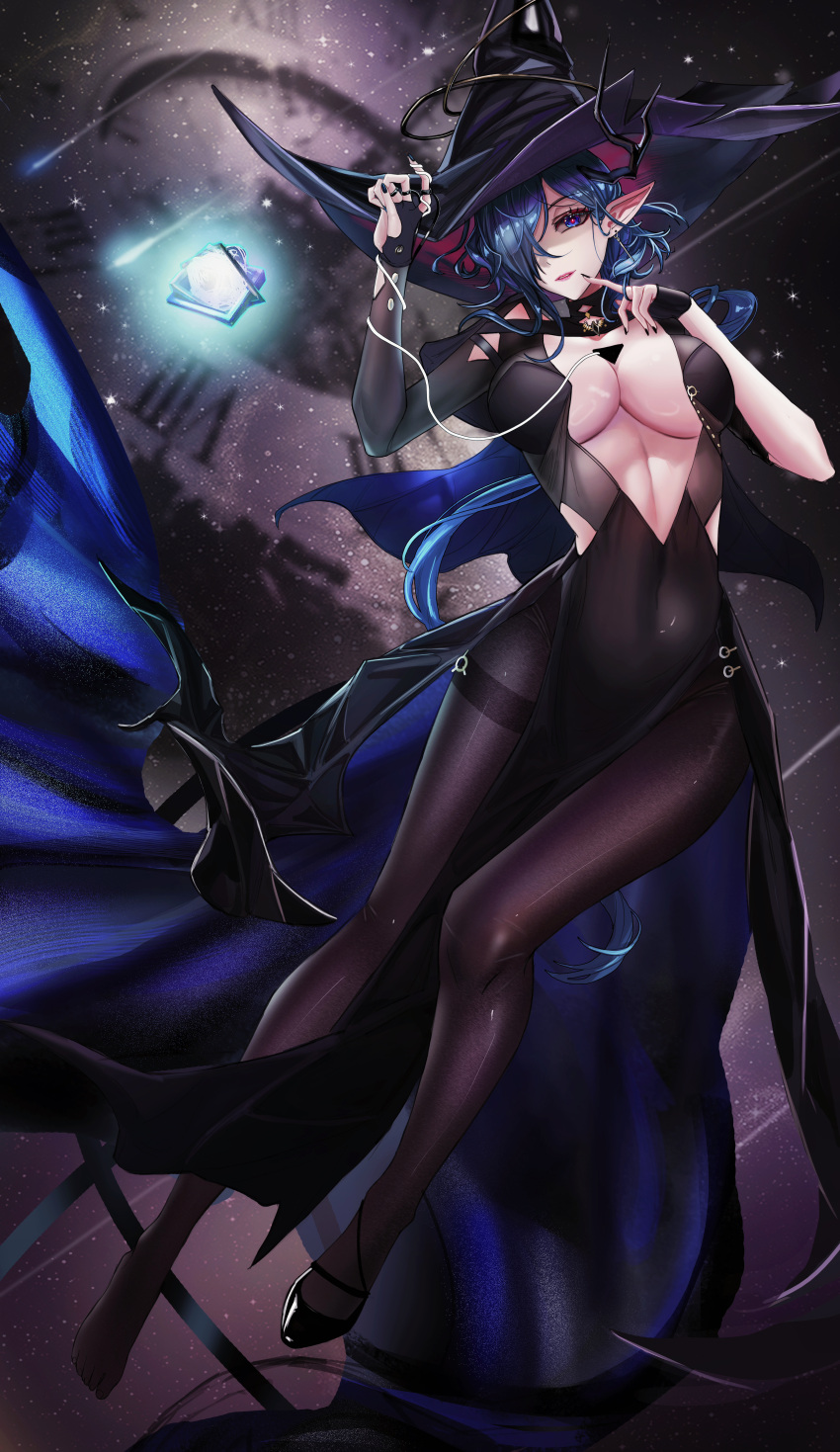 absurdres arknights arm_up black_hat black_nails blue_eyes blue_hair breasts chinese_commentary cleavage commentary_request covered_navel earrings ermengarde_(arknights) female finger_to_cheek fingernails floating full_body hair_over_one_eye hat highres jewelry large_breasts linea_alba lipstick long_fingernails long_hair looking_at_viewer magic makeup minuolin nail_polish one_eye_covered pantyhose parted_lips pink_pupils pointy_ears purple_hair purple_pantyhose revealing_clothes ring roman_numeral single_bare_foot solo unfinished witch_hat