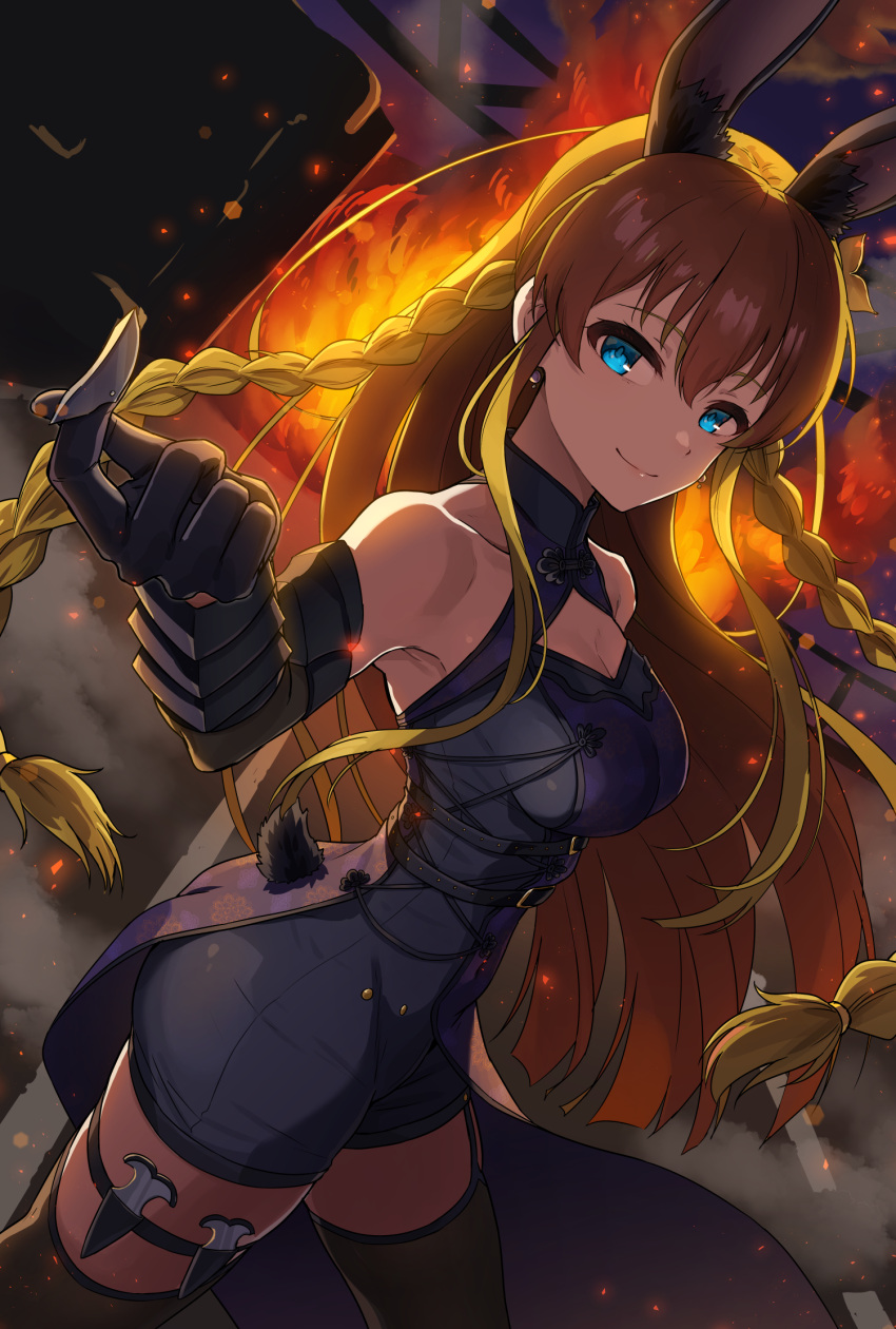 animal_ears black_gloves black_thighhighs blue_eyes braid breasts brown_hair cleavage_cutout closed_mouth clothing_cutout commentary cowboy_shot dutch_angle earrings female fire gauntlets gloves grey_jumpsuit hair_tie halterneck highres holster idolmaster idolmaster_million_live! jewelry jumpsuit kamille_(vcx68) knife kousaka_umi long_hair looking_at_viewer medium_breasts rabbit_ears rabbit_tail short_jumpsuit side_braids sleeveless_jumpsuit smile solo standing tail thigh_holster thigh_strap thighhighs twin_braids very_long_hair