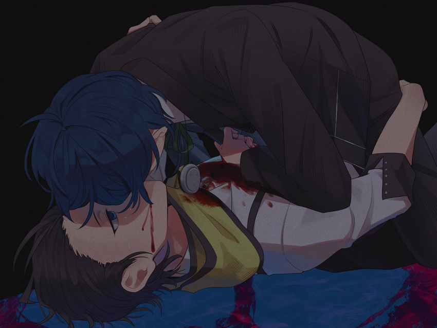 2boys arm_around_back black_background black_hair black_jacket black_pants black_trim blood blood_on_clothes blood_on_face blue_eyes blue_hair couple dark_blue_hair elulit2 hair_slicked_back hand_on_own_shoulder highres jacket kissing looking_at_another lying male_focus mochizuki_ryouji multiple_boys neck_ribbon on_back pants persona persona_3 ribbon scarf shirt simple_background sleeve_cuffs white_shirt yaoi yellow_scarf yuuki_makoto_(persona_3)