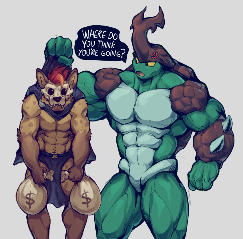 2024 4_fingers abs angry anthro arthropod beetle biceps big_muscles black_sclera bone clothed clothing cross-popping_vein dialogue digital_media_(artwork) duo english_text fingers forsburn fur green_body hair hi_res horn hyena insects kragg looking_at_another male male/male mammal mixterart muscular muscular_anthro muscular_male pecs rhinoceros_beetle rivals_of_aether scarabaeid simple_background skull spotted_hyena text vein veiny_muscles yellow_sclera