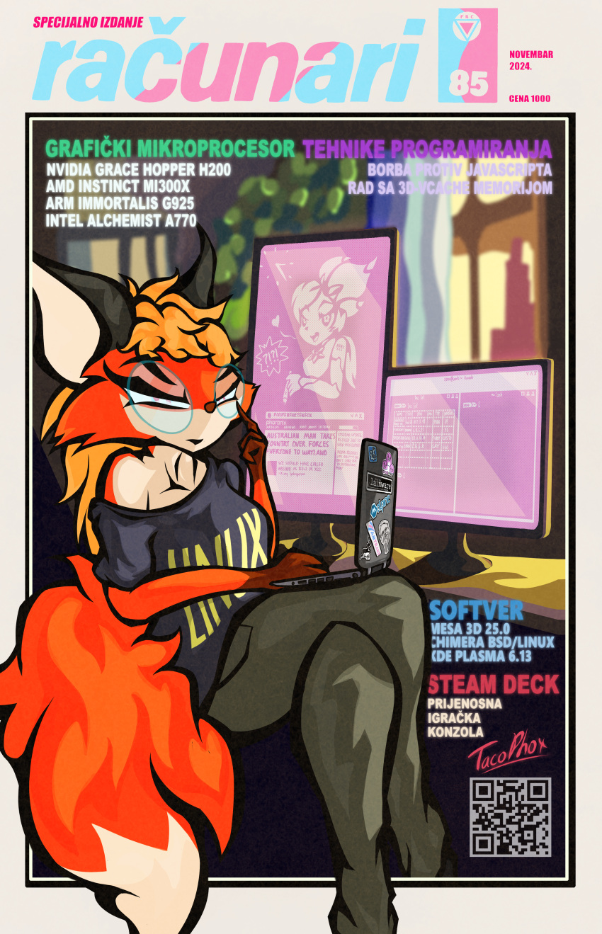 absurd_res anthro bosnia canid canine clothing cover digital_media_(artwork) eyewear female fox fur glasses hair hi_res linux looking_at_viewer magazine_cover mammal red_fox shirt solo tacophox text topwear trans_(lore) trans_woman_(lore) true_fox white_body xenia_(linux)