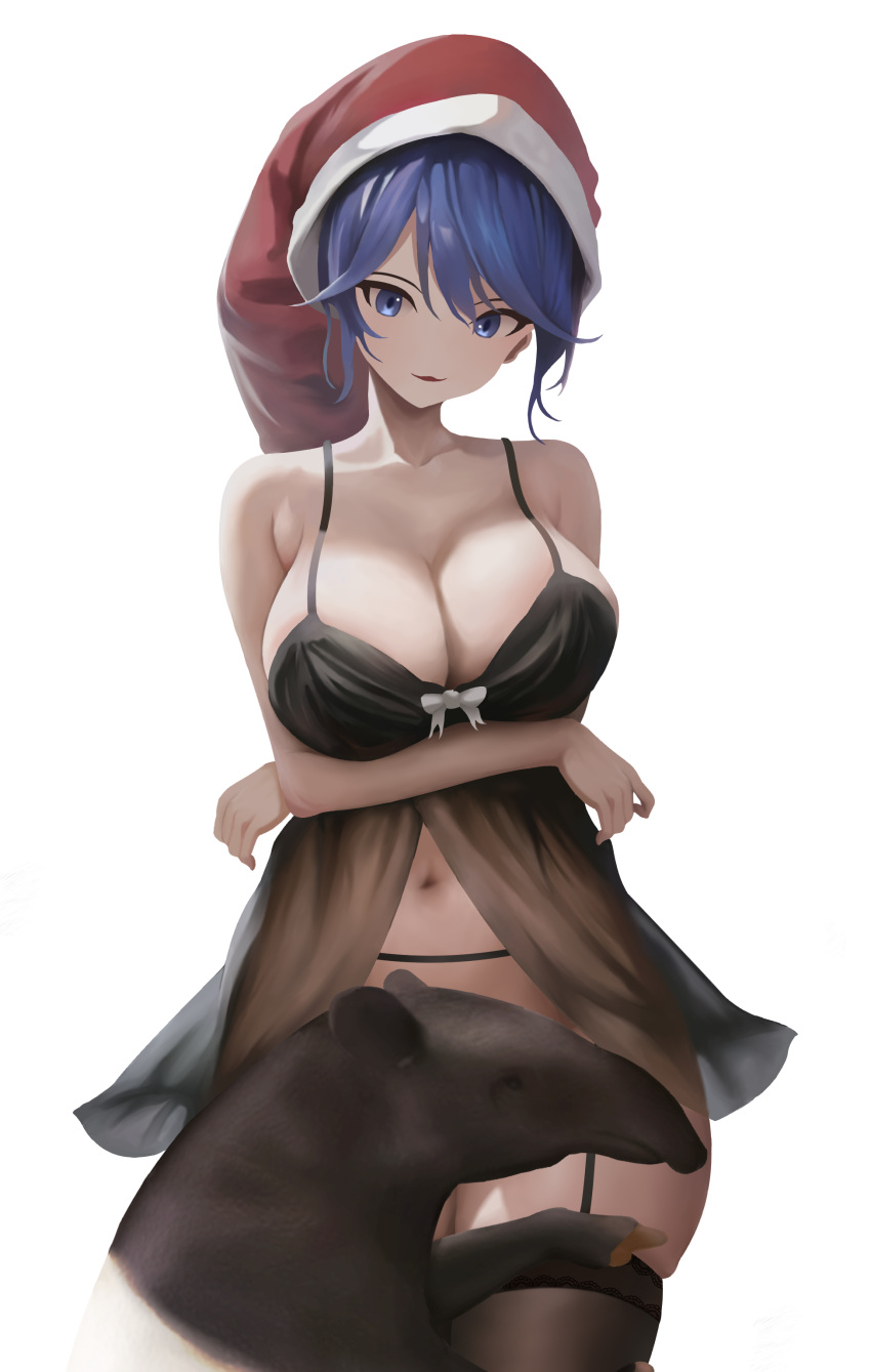 absurdres alternate_costume arms_under_breasts black_nightgown black_thighhighs blue_eyes blue_hair breasts cleavage cowboy_shot doremy_sweet female garter_straps guilty_merlin hat highres large_breasts looking_at_viewer navel nightcap nightgown open_mouth red_hat short_hair tapir thighhighs touhou variant_set