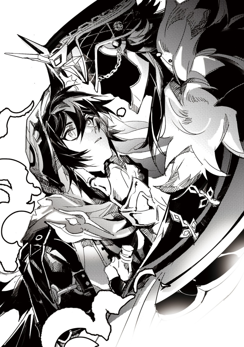 2boys akiyu221b animal_ear_fluff animal_ears cape capitano_(genshin_impact) commentary faceless faceless_male fur-trimmed_cape fur_trim genshin_impact greyscale hand_on_another's_neck hashtag-only_commentary helmet highres hood hood_up male_focus monochrome multiple_boys ornate_clothes ororon_(genshin_impact) parted_lips simple_background white_background wide-eyed