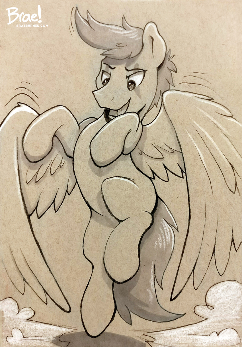 2017 ambiguous_gender braeburned colored_pencil_(artwork) equid equine eyebrows feathered_wings feathers feral flying full-length_portrait hasbro hi_res hooves looking_down mammal mane marker_(artwork) monochrome my_little_pony mythological_creature mythological_equine mythology narrowed_eyes open_mouth pegasus pen_(artwork) portrait sepia shaded solo tail tongue traditional_media_(artwork) unguligrade wings