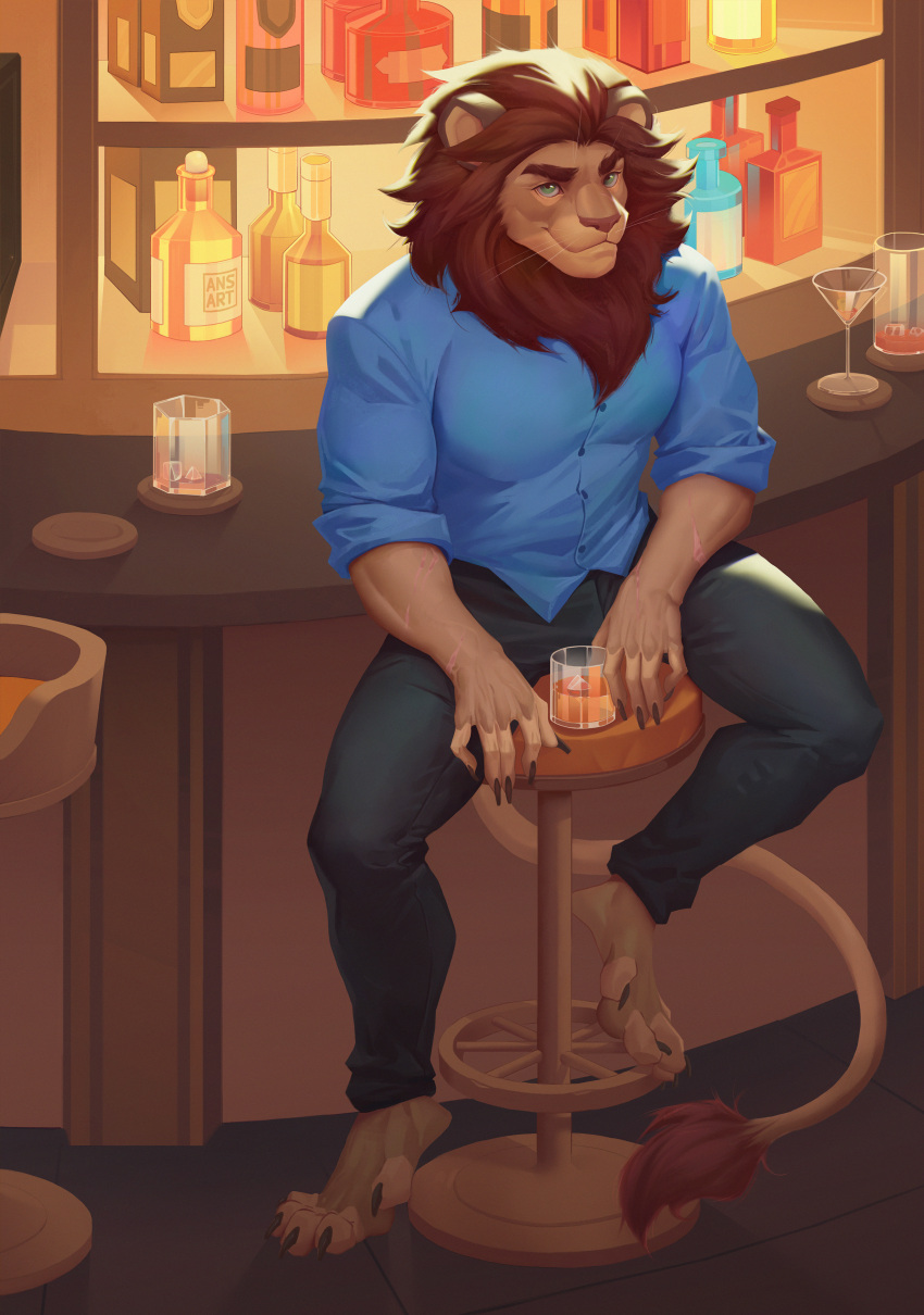 absurd_res alcohol ansart anthro bar beverage blue_eyes bottomwear clothing cocktail detailed_background felid hair hi_res lion long_hair long_tail male mammal muscular muscular_male pantherine pants shirt sitting solo tail tail_tuft topwear tuft