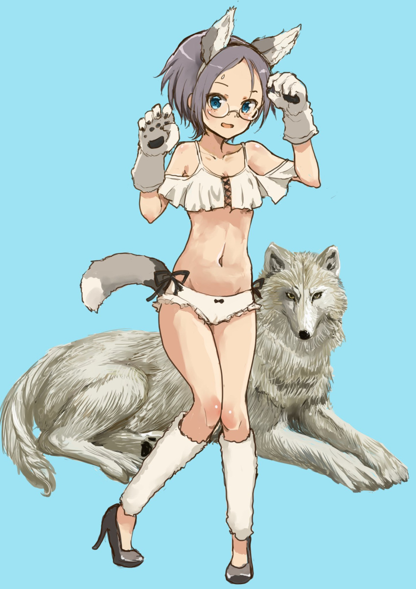 animal_ears blue_background blue_eyes blue_hair blush breasts fake_animal_ears fake_tail female girls_und_panzer glasses high_heels highres looking_at_viewer murayama_kei navel open_mouth panties rumi_(girls_und_panzer) short_hair simple_background small_breasts smile tail underwear white_panties wolf wolf_ears wolf_tail