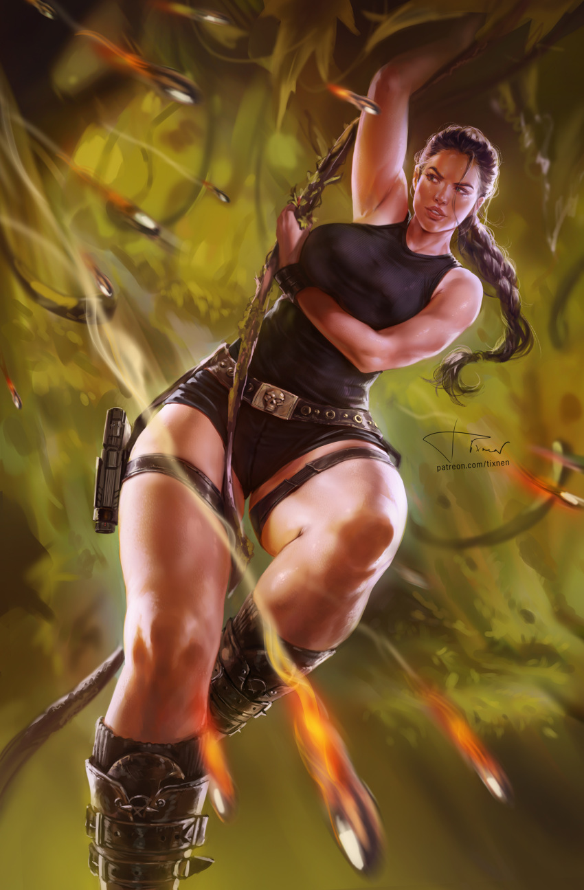 artist_name belt black_shorts black_tank_top boots bracelet braid braided_ponytail breasts brown_belt brown_eyes brown_footwear brown_hair commentary english_commentary female full_body gun handgun highres holster jewelry lara_croft large_breasts long_hair navel patreon_username realistic short_shorts shorts solo tank_top thigh_holster tixnen tomb_raider toned toned_female weapon web_address