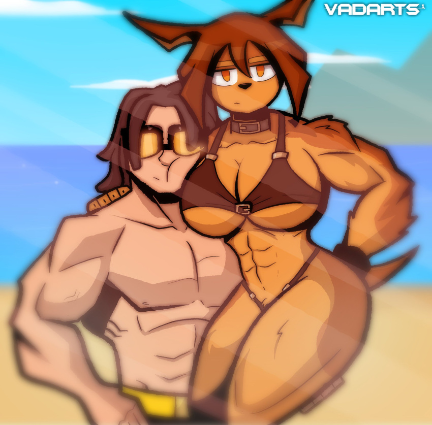 abs anthro artist_name beach biceps big_breasts bikini black_bikini black_clothing black_swimwear breasts brown_body brown_fur brown_hair canid canine canis clothing cloud collar collarbone day detailed_background dobermann dog_knight_rpg domestic_dog dreadlocks duo eyewear female fur hair hi_res human light-skinned_male light_body light_skin male male/female mammal muscular muscular_anthro muscular_female muscular_human muscular_male orange_eyes pecs pinscher rory_(ceehaz) sand sky sunglasses swimwear tail two-piece_swimsuit vadarts vein veiny_muscles water