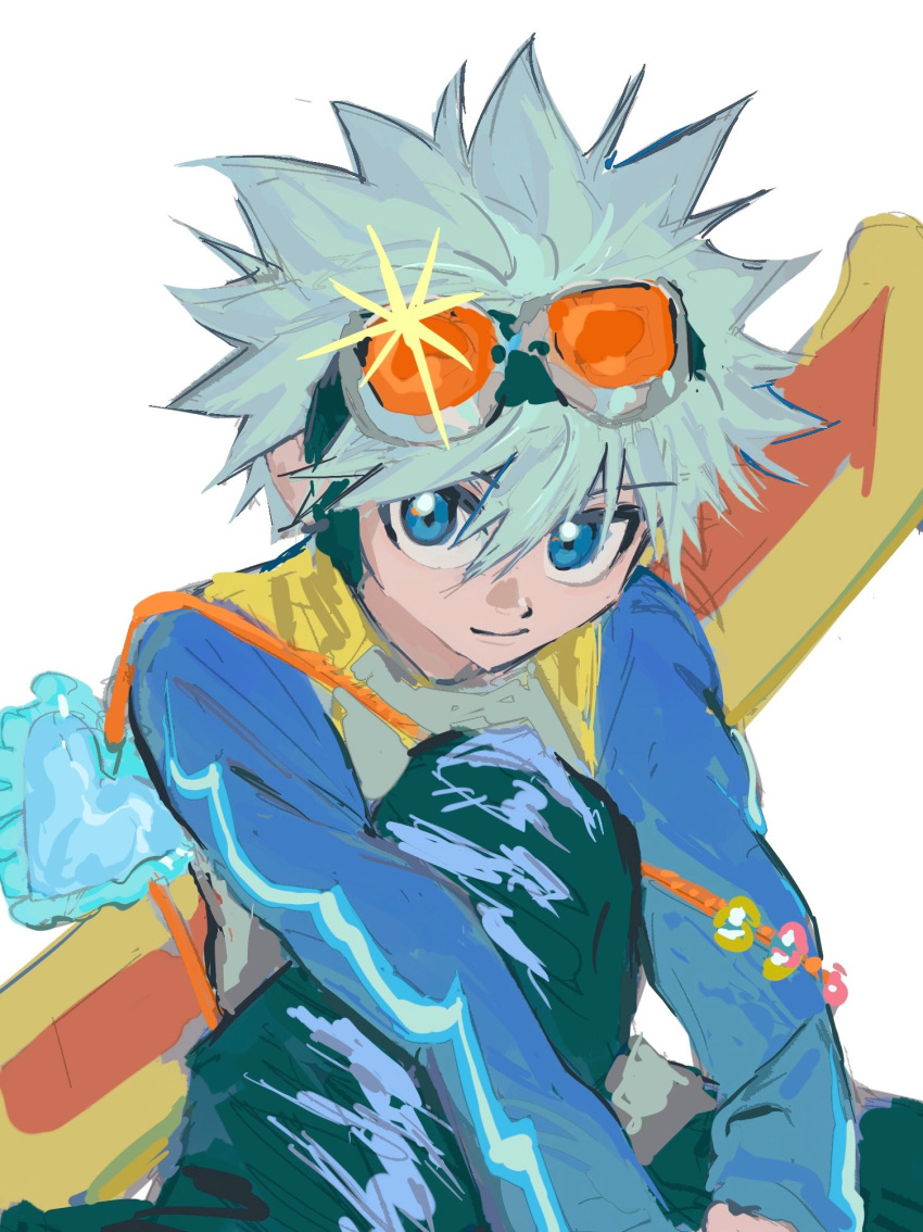 1boy blue_eyes closed_mouth commentary_request goggles goggles_on_head heart highres hunter_x_hunter jacket killua_zoldyck long_sleeves looking_at_viewer male_focus pants qq3228511914 short_hair sitting smile snowboard solo white_background white_hair winter_clothes