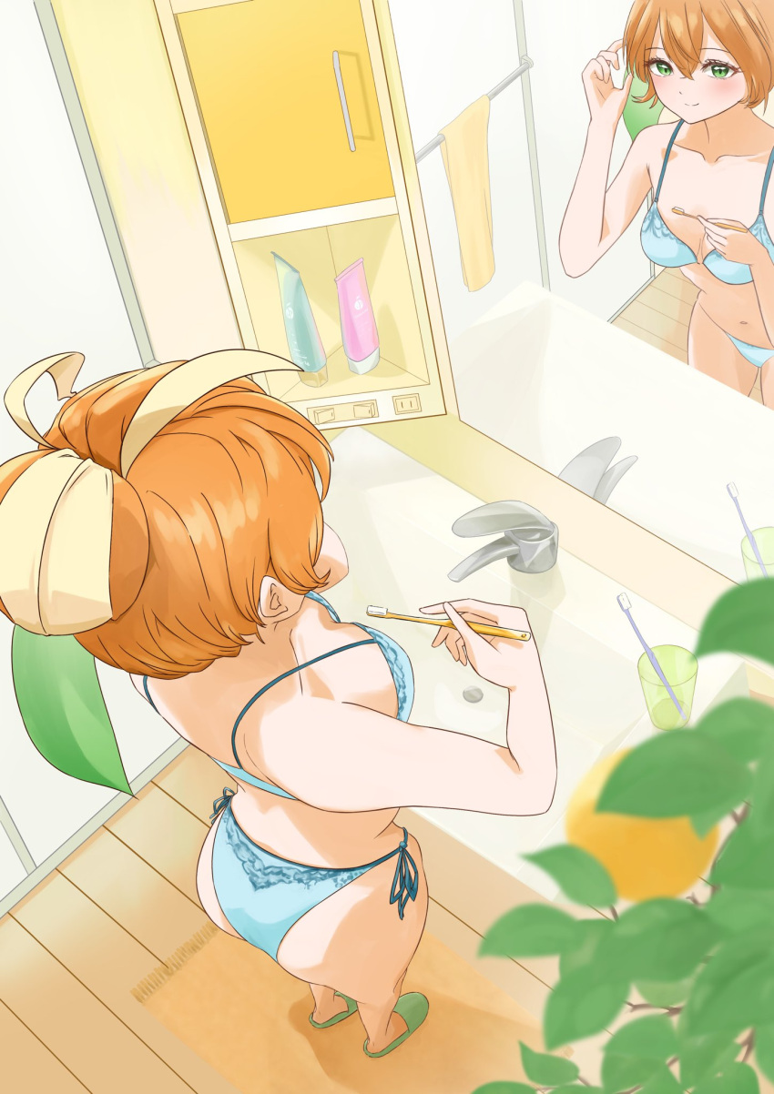 ass bathroom bikini blue_bikini blurry blurry_foreground breasts character_request closed_mouth collarbone commentary_request copyright_request cup double-parted_bangs female from_above green_eyes hair_between_eyes highres holding holding_toothbrush indoors looking_at_mirror medium_breasts mikan_(mikan_no_happa) mirror navel orange_hair plant reflection side-tie_bikini_bottom sink smile solo standing swimsuit toothbrush towel towel_rack