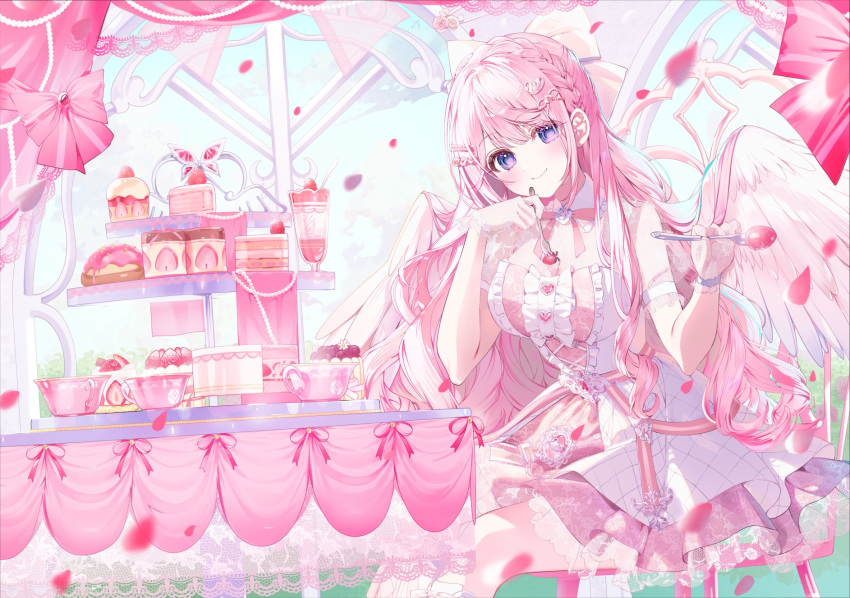 a20_(atsumaru) angel_wings blush bow bowtie braid breasts buttons cake cake_slice cake_stand cleavage curly_hair dress falling_petals female food fork fruit gloves hair_ornament hairbow hairclip heart_button highres himeno_aimu holding holding_fork holding_spoon ice_cream indie_virtual_youtuber layered_dress long_hair looking_at_viewer medium_breasts official_art on_chair petals pink_bow pink_bowtie pink_dress purple_eyes see-through_cleavage see-through_clothes see-through_gloves see-through_sleeves short_sleeves sitting smile solo spoon strawberry sundae table two-tone_dress white_dress white_gloves wings