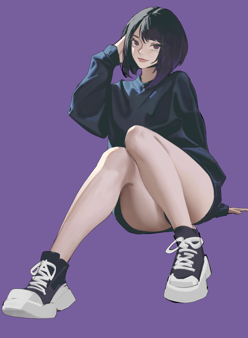 absurdres arm_support arm_up bare_legs black_footwear black_hair black_panties black_sweater bob_cut closed_mouth female full_body ga_is gradient_hair hand_in_own_hair hand_on_own_head highres legs light_smile long_sleeves looking_at_viewer medium_hair multicolored_hair no_pants no_socks original panties purple_background purple_eyes purple_hair shoes simple_background sneakers solo sweater swept_bangs thighs two-tone_footwear underwear white_footwear