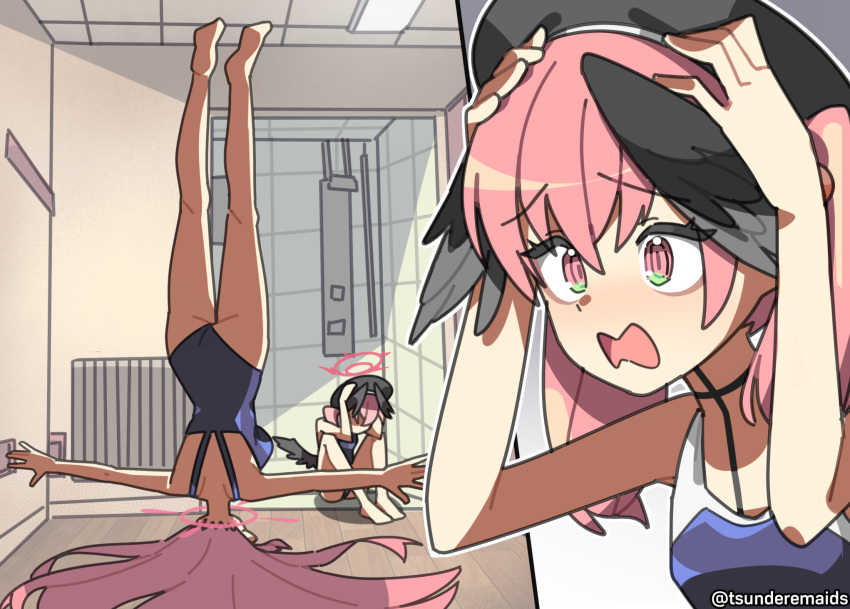 2girls bare_arms black_hat black_wings blue_archive blue_one-piece_swimsuit halo hanako_(blue_archive) hands_on_own_head hat head_wings highres indoors knees_up koharu_(blue_archive) long_hair low_wings multiple_girls one-piece_swimsuit open_mouth outstretched_arms pink_eyes pink_hair pink_halo school_swimsuit sitting spread_arms swimsuit t-pose tsunderemaids twintails upside-down wings