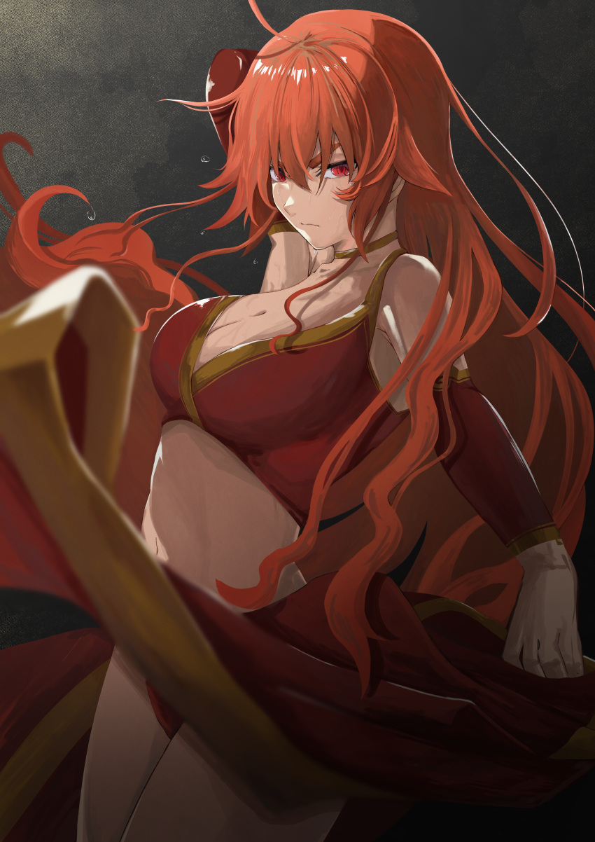 absurdres ahoge arm_up breasts choker cleavage closed_mouth collarbone cowboy_shot crop_top dancer detached_sleeves eris_greyrat female hair_between_eyes highres large_breasts long_hair looking_at_viewer mushoku_tensei navel panties red_eyes red_hair red_panties red_skirt red_sleeves saico_isshin skirt skirt_hold solo underwear v-shaped_eyebrows very_long_hair wet wet_hair yellow_choker