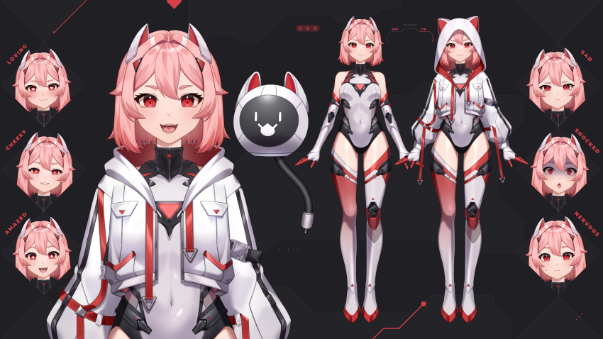 absurdres animal_ear_hood breasts bright_pupils chiiririn closed_mouth covered_navel cropped_jacket expressions female headgear heart heart-shaped_pupils highres hood hooded_jacket indie_virtual_youtuber jacket leotard long_sleeves mechanical_arms mechanical_legs open_clothes open_jacket open_mouth pink_hair red_eyes reference_sheet second-party_source shivrer_(vtuber) sparkling_eyes sweat symbol-shaped_pupils tearing_up virtual_youtuber white_leotard white_pupils