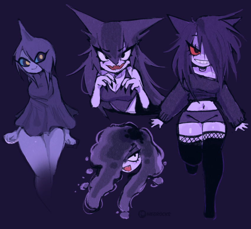 4girls :d artist_name black_claws black_eyes black_thighhighs blue_sclera breasts claw_pose cleavage closed_mouth colored_sclera colored_skin crop_top disembodied_head dress english_commentary fangs fishnet_thighhighs fishnets foot_up gastly gengar hair_between_eyes hands_up haunter highres large_breasts long_hair long_sleeves looking_at_viewer medium_breasts medium_hair megrocks messy microdress multiple_girls navel oerba_yun_fang one_eye_covered open_mouth personification pokemon pokemon_(creature) purple_background purple_skin purple_sweater red_sclera short_sleeves shuppet simple_background skin_fang sleeveless smile standing standing_on_one_leg sweater thighhighs trait_connection yellow_pupils