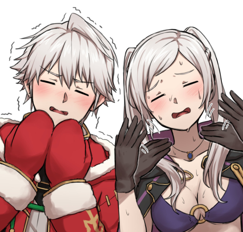 1boy bikini black_robe blush breasts cleavage closed_eyes cold commentary female fire_emblem fire_emblem_awakening fire_emblem_heroes furrowed_brow gloves highres hot jewelry large_breasts mittens necklace o-ring o-ring_bikini official_alternate_costume open_clothes open_mouth open_robe purple_bikini red_gloves robe robin_(female)_(fire_emblem) robin_(female)_(seaside_tactician)_(fire_emblem) robin_(fire_emblem) robin_(male)_(festive_tactician)_(fire_emblem) robin_(male)_(fire_emblem) short_hair simple_background sweat swimsuit symbol-only_commentary trembling twintails underboob wavy_mouth white_background white_hair zuzu_(ywpd8853)