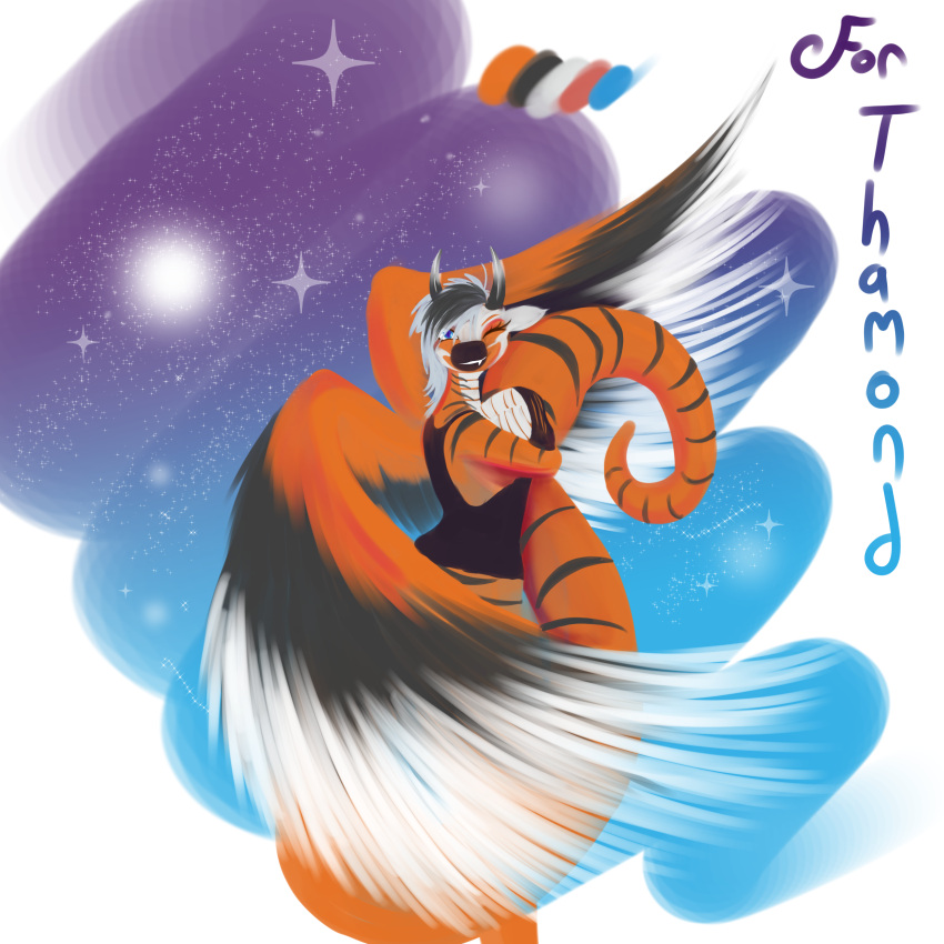 absurd_res after_transformation beautiful blush felid galaxy grey happy hi_res infinity joy_(disambiguation) love mammal muzzle_(disambiguation) open_mouth orange painting pantherine she's_orange tiger transformation white wings