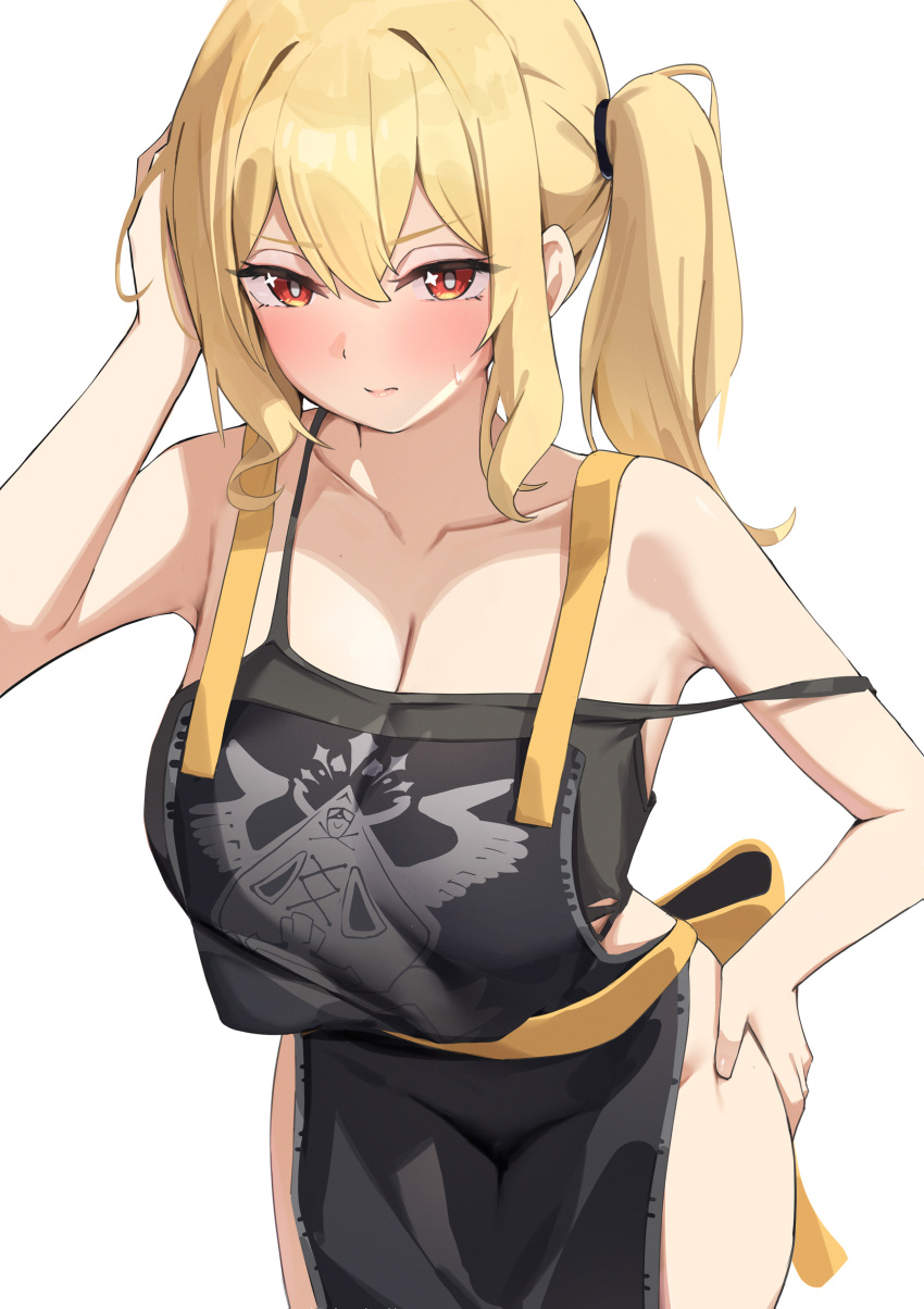 absurdres apron band_(skymole01) bare_arms bare_shoulders black_apron blonde_hair blush breasts bright_pupils camisole crop_top english_commentary female groin hair_between_eyes hand_on_own_hip hand_up highres long_hair looking_at_viewer luciana_de_montefio orange_eyes shorts side_ponytail sidelocks simple_background spaghetti_strap strap_slip white_pupils zenless_zone_zero