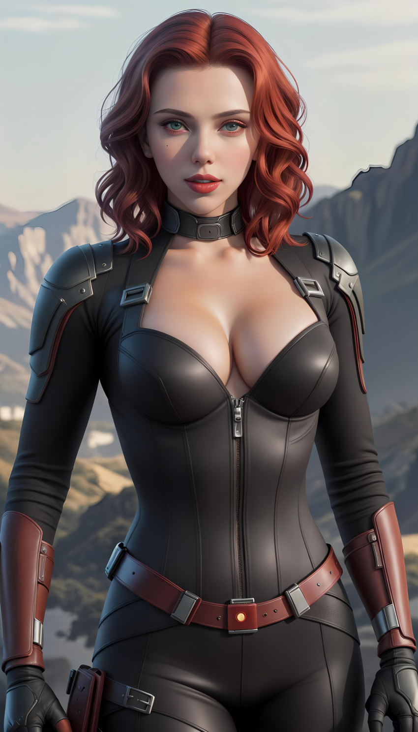 1girls ai_generated artistic black_widow_(marvel) bodysuit breasts celebrity cleavage clothed female female_focus female_only generic_ai_face green_eyes hi_res hidden_hands_because_ai high_resolution highres human human_only light-skinned_female light_skin marvel marvel_comics natasha_romanoff non_nude red_hair red_hair_female red_lipstick solo solo_female solo_focus superhero superheroine