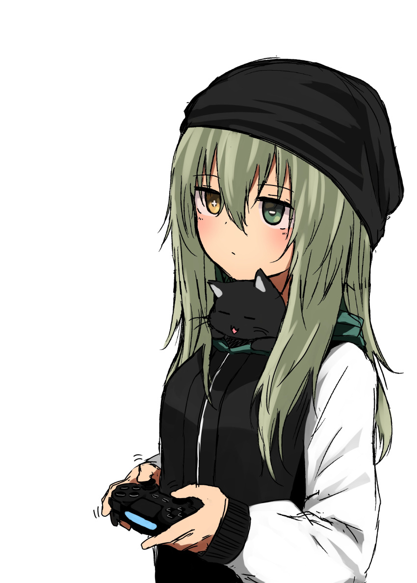 +_- absurdres animal animal_in_clothes beanie black_cat commentary_request controller dualshock feline female game_controller gamepad green_eyes green_hair hair_between_eyes hat heterochromia highres holding hood hood_down hoodie kamatama kuso_zako_choroin_nishiga_hachi long_hair playstation_controller saiba_mirai simple_background standing white_background yellow_eyes