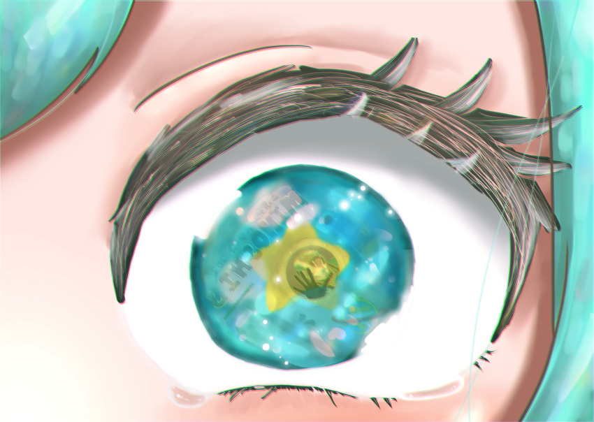 2girls a.i._(precure) aqua_hair astronaut commentary_request eye_focus eye_reflection eyelashes hagoromo_lala helmet highres hoshina_hikaru logo looking_at_another multiple_girls precure reflection space_helmet spacecraft spacesuit star-shaped_pupils star_(symbol) star_in_eye star_twinkle_precure sujicovo symbol-shaped_pupils symbol_in_eye tearing_up tears translation_request window