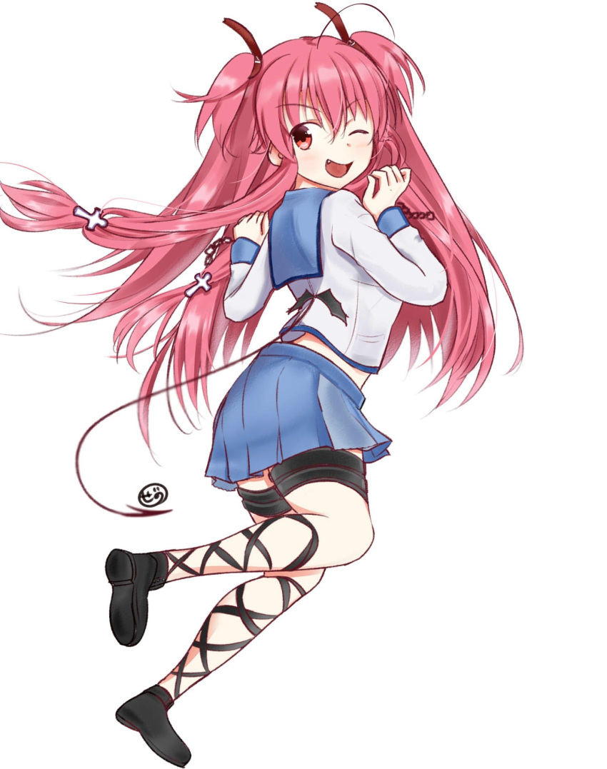 ;d amo_gaata angel_beats! bat_ornament black_footwear blue_shirt blue_skirt commentary_request cross_hair_ornament demon_tail female from_behind from_side full_body hair_ornament hair_ribbon highres jumping leg_up looking_back oerba_yun_fang one_eye_closed open_mouth pink_hair red_eyes red_ribbon ribbon school_uniform serafuku shinda_sekai_sensen_uniform shirt signature simple_background skirt smile solo tail thigh_strap two_side_up white_background yui_(angel_beats!)