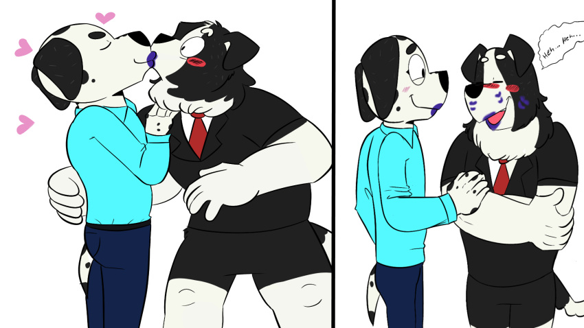 16:9 2_panel_comic anthro beargarbage bluey_(series) blush border_collie canid canine canis collie dalmatian dialogue domestic_dog duo english_text frank_(bluey) fur heart_symbol herding_dog hi_res kiss_mark kiss_on_lips kissing lipstick lipstick_fetish lipstick_on_face mackenzie's_dad_(bluey) makeup male male/male mammal markings mascara pastoral_dog purple_lipstick sheepdog spots spotted_body spotted_fur text widescreen