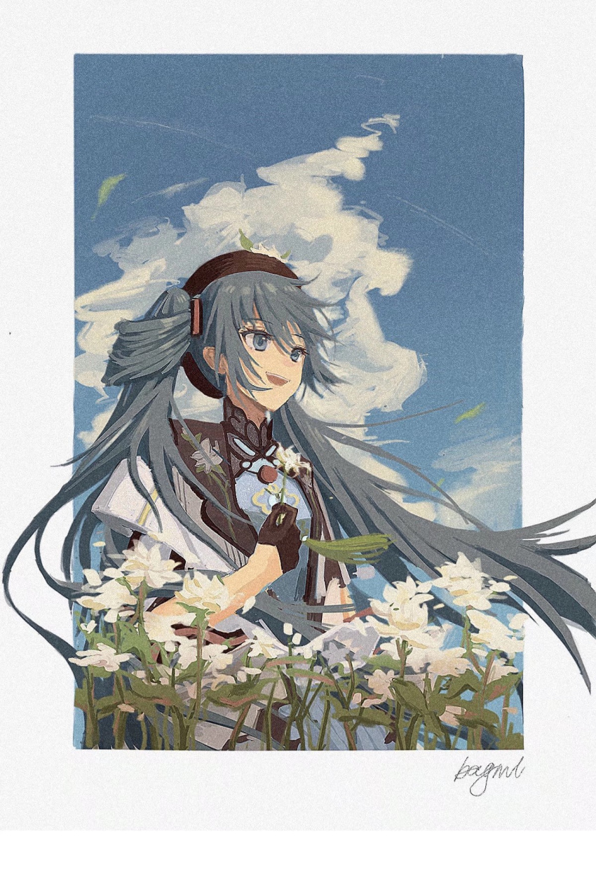 :d alternate_hairstyle aqua_eyes aqua_hair bagml chinese_commentary commentary female flower gloves hair_rings hat hatsune_miku highres holding holding_flower jasmine_(flower) miku_with_you_(vocaloid) outdoors signature smile solo twintails vocaloid white_flower