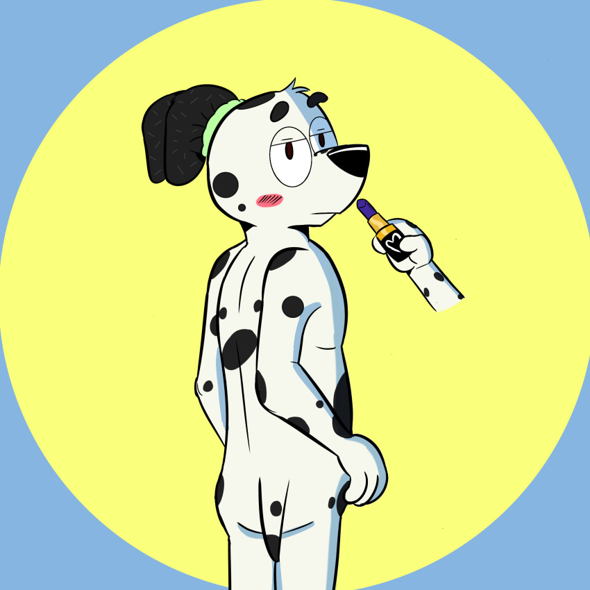 1:1 absurd_res anthro beargarbage bluey_(series) canid canine canis chloe_(bluey) dalmatian domestic_dog duo female frank_(bluey) hi_res lipstick looking_at_viewer looking_back makeup male mammal markings pose scrunchie spots spotted_body