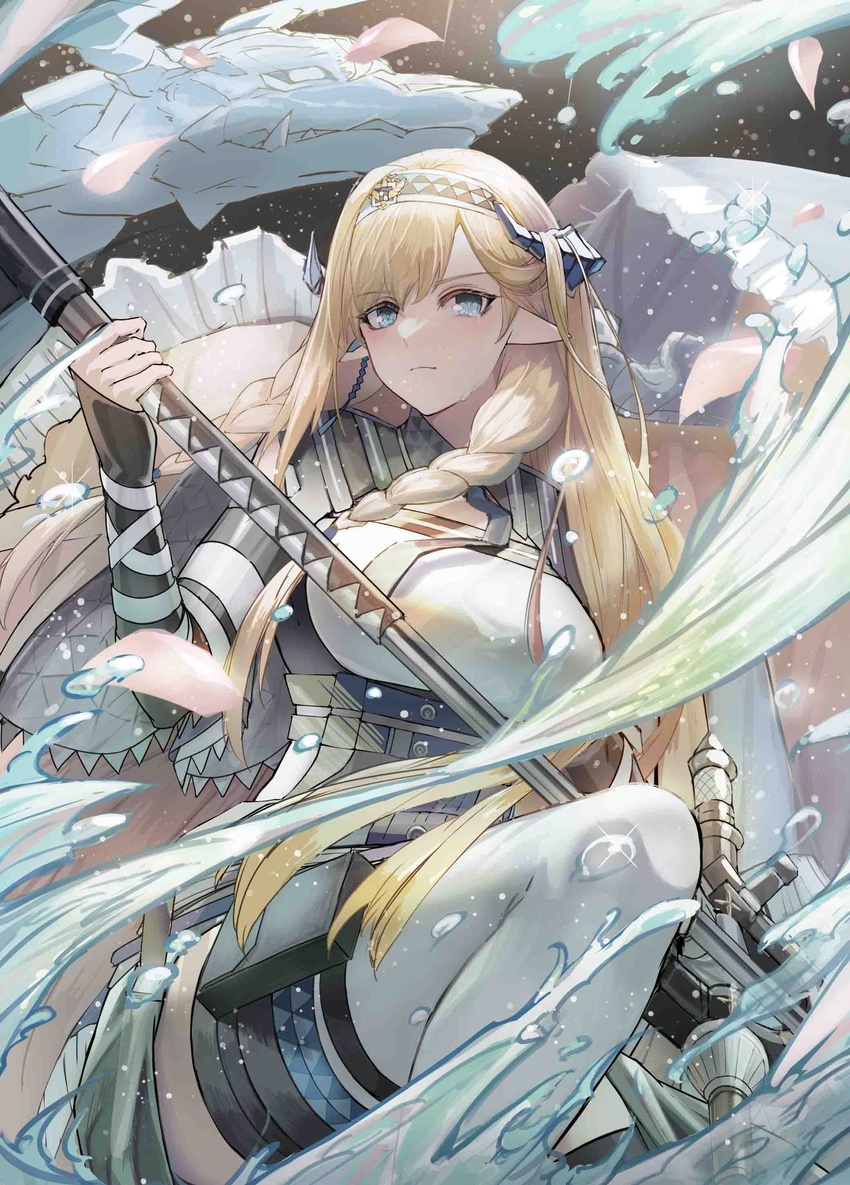 absurdres arknights bad_id bad_pixiv_id blonde_hair blue_eyes braid breasts dragon female hairband highres holding horns long_hair looking_at_viewer medium_breasts meganeno_dokitsui saileach_(arknights) shirt solo twin_braids very_long_hair white_legwear white_shirt