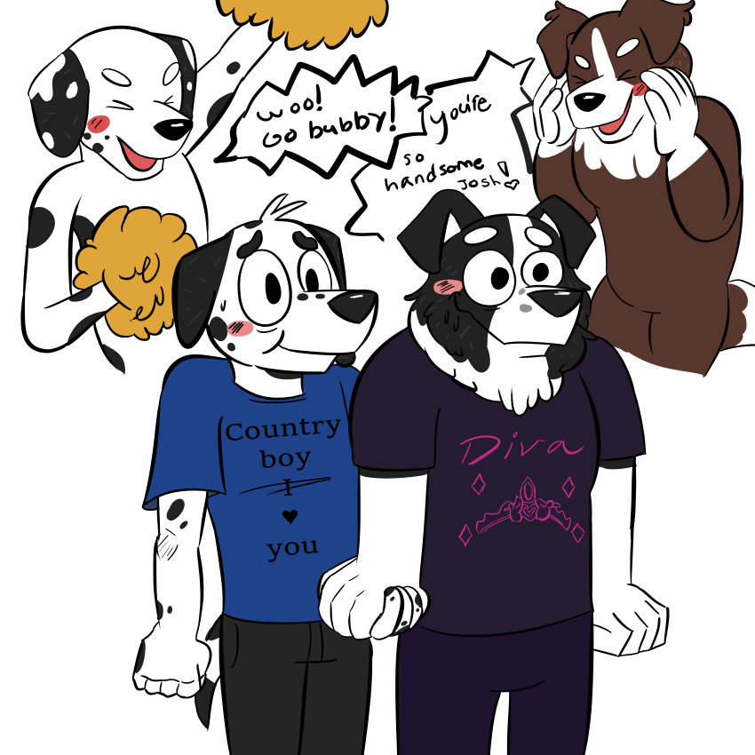 1:1 absurd_res anthro beargarbage bluey_(series) blush bodily_fluids border_collie canid canine canis cheering chloe's_mum_(bluey) collie dalmatian dialogue digital_drawing_(artwork) digital_media_(artwork) domestic_dog english_text female flat_colors frank_(bluey) fur group hand_holding handwritten_text heart_symbol herding_dog hi_res mackenzie's_dad_(bluey) mackenzie's_mum_(bluey) male male/male mammal markings nervous pastoral_dog polyamorous polyamory pom_poms sheepdog simple_background spots spotted_body spotted_fur stocky sweat sweatdrop text white_background