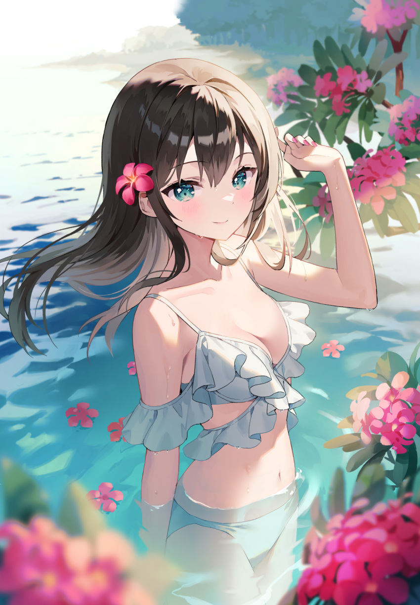 ancotaku bare_shoulders bikini black_hair blue_eyes blurry breasts cleavage closed_mouth collarbone depth_of_field female floating_hair flower frilled_bikini frills hair_flower hair_ornament hand_up highres long_hair looking_at_viewer medium_breasts navel original outdoors pink_flower smile solo standing stomach string_bikini swimsuit wading water wet white_bikini