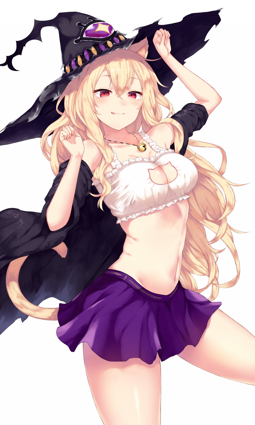 :p absurdres animal_ears arm_up bare_shoulders bell black_hat black_jacket blonde_hair bra breasts cat_cutout cat_ears cat_lingerie cat_tail cleavage cleavage_cutout clothing_cutout collarbone commentary_request cowboy_shot dorothy_(shingeki_no_bahamut) female frills hair_between_eyes hand_up hat highres jacket jingle_bell kemonomimi_mode large_breasts long_hair looking_at_viewer meme_attire midriff miniskirt navel off_shoulder open_clothes open_jacket purple_skirt red_eyes shingeki_no_bahamut short_sleeves simple_background skirt smile solo tail thighs tongue tongue_out underwear white_background white_bra witch_hat yamato_(muchuu_paradigm)