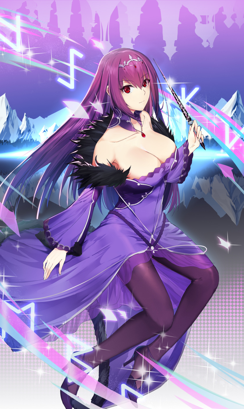 7t absurdres bare_shoulders black_footwear breasts cleavage closed_mouth collarbone commentary_request detached_collar dress fate/grand_order fate_(series) female floating full_body fur-trimmed_dress fur_trim gem high_heels highres holding large_breasts long_hair long_sleeves mountain off-shoulder_dress off_shoulder pantyhose photoshop_(medium) purple_dress purple_hair purple_pantyhose red_eyes red_gemstone reflection scathach_(fate) scathach_skadi_(fate) smile solo sparkle straight_hair tiara very_long_hair wide_sleeves