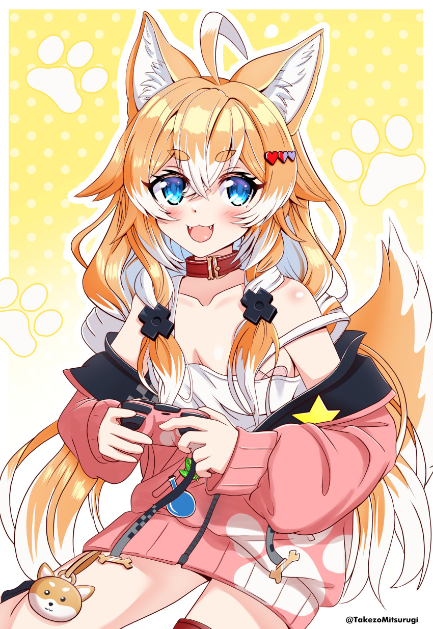 absurdres ahoge animal_ear_fluff animal_ears animal_hood bandaid bandaids_on_nipples black_thighhighs blue_eyes blush breasts brown_hair cleavage collar controller dog_ears dog_girl dog_hood dog_tail english_commentary female game_controller grey_shorts hair_ornament heart heart_hair_ornament highres hood hood_down hoodie idol_corp long_hair looking_at_viewer medium_breasts multicolored_hair open_mouth pasties pink_hood pochi_wanmaru pochi_wanmaru_(pochi_1.0) red_collar shirt short_shorts shorts single_thighhigh solo tail takezomitsurugi thigh_strap thighhighs two-tone_hair virtual_youtuber white_hair white_shirt