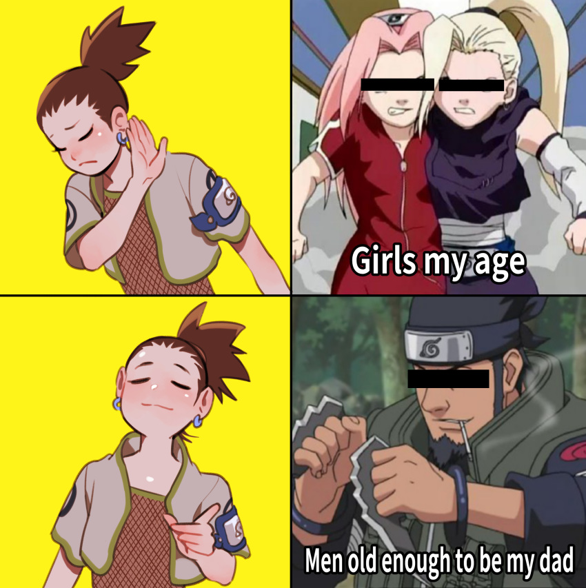 2boys 2girls age_difference bar_censor blush brown_hair censored cigarette closed_eyes drakeposting_(meme) english_text forehead_protector gogglesyo highres identity_censor ino_yamanaka meme multiple_boys multiple_girls nara_shikamaru naruto naruto_(series) pink_hair sakura_haruno sarutobi_asuma short_ponytail smile spiked_hair yellow_background