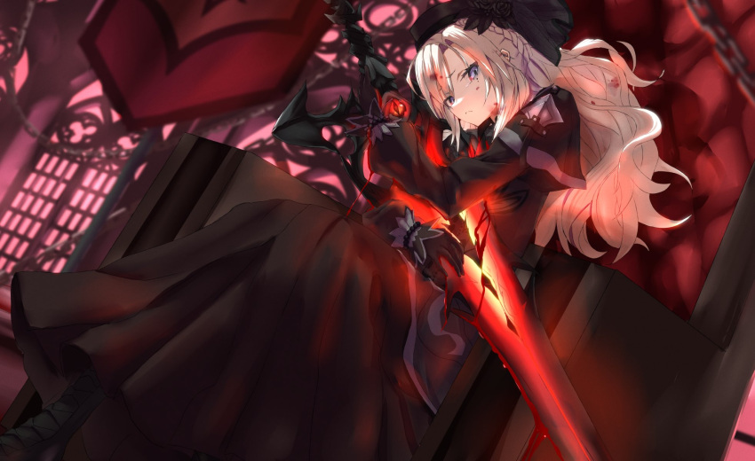 ascot balmung_(fate/apocrypha) black_capelet black_dress black_flower black_gloves black_hat black_rose breasts capelet dress fate/grand_order fate_(series) female flower gloves grey_eyes hat highres kriemhild_(fate) kriemhild_(first_ascension)_(fate) large_breasts long_hair long_sleeves looking_at_viewer mole mole_under_eye pale_skin rose solo sword tsuuhan veil weapon white_hair