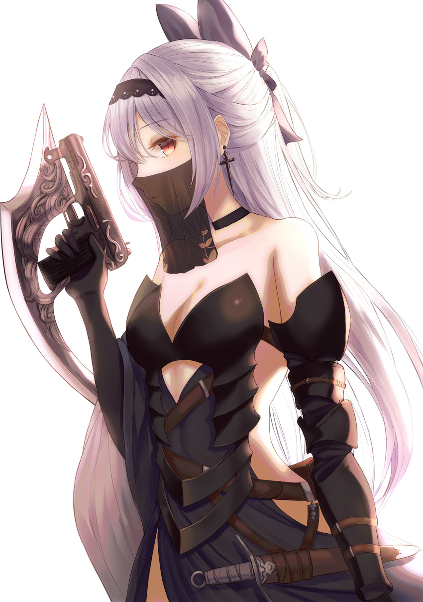 armor armored_dress backless_dress backless_outfit bare_shoulders black_choker black_dress black_gloves black_hairband black_ribbon bosumonki breasts choker cleavage collarbone commentary cowboy_shot cross cross_earrings dagger dress earrings elbow_gloves female girls'_frontline gloves gun hair_ribbon hairband handgun highres holding holding_gun holding_weapon jewelry knife long_hair medium_breasts mouth_veil one_side_up red_eyes ribbon see-through sheath sheathed simple_background solo strapless strapless_dress tokarev_(girls'_frontline) tokarev_(griffin's_dancer)_(girls'_frontline) tokarev_tt-33 trigger_discipline veil very_long_hair weapon white_background white_hair