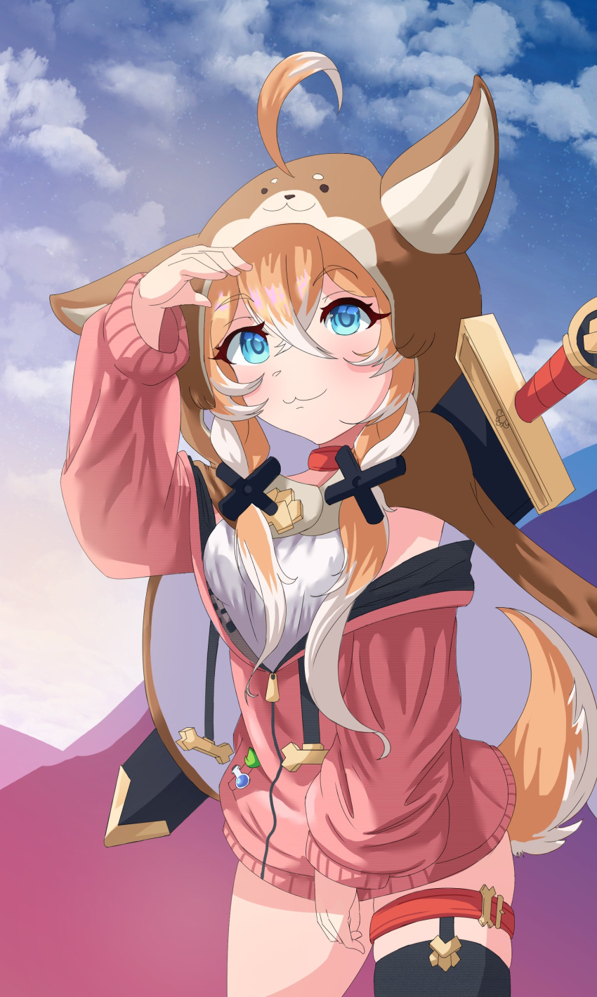 :3 absurdres ahoge animal_ears animal_hood black_thighhighs blue_eyes blue_sky breasts brown_hair cloud collar dog_ears dog_girl dog_hood dog_tail english_commentary female hair_ornament highres hood idol_corp long_hair looking_at_viewer medium_breasts multicolored_hair pink_hood pochi_wanmaru pochi_wanmaru_(pochi_1.0) red_collar shirt short_shorts shorts single_thighhigh sky sword sword_on_back tail thigh_strap thighhighs two-tone_hair vasillust virtual_youtuber weapon weapon_on_back white_hair white_shirt x_hair_ornament