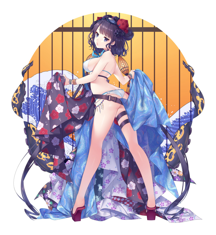 absurdres arched_back ass bad_id bad_pixiv_id bare_legs bare_shoulders belt bikini black_flower blue_eyes breasts fate/grand_order fate_(series) female fine_art_parody floral_print flower full_body hair_flower hair_ornament highres kanagawa_okinami_ura katsushika_hokusai_(fate) katsushika_hokusai_(swimsuit_saber)_(fate) legs long_hair looking_at_viewer looking_back low_twintails may_(2747513627) medium_breasts parody parted_lips pink_lips platform_footwear purple_hair red_footwear sideboob solo standing swimsuit tentacle thigh_strap twintails very_long_hair white_bikini wristband