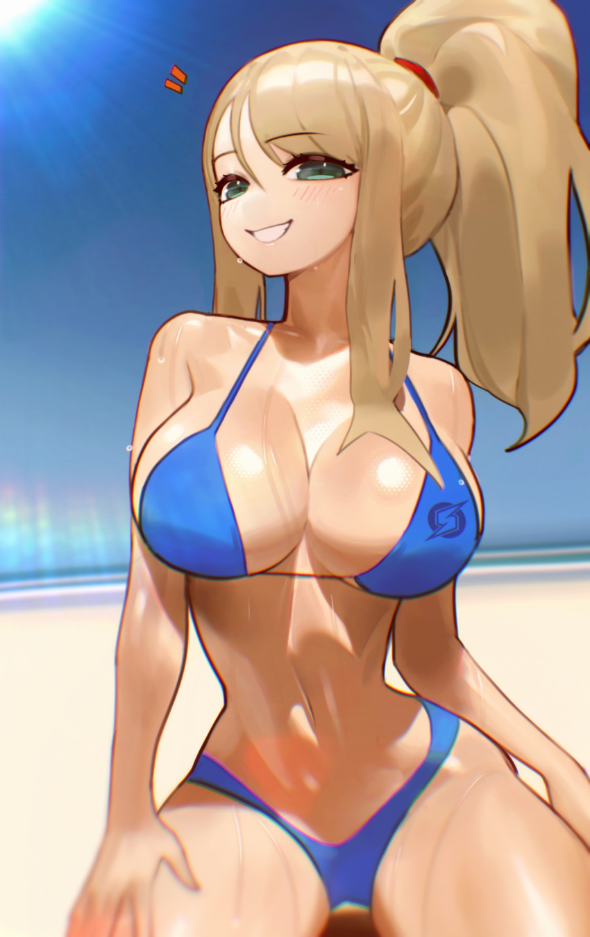 absurdres beach bikini blonde_hair blue_bikini blush breasts cleavage cookiedusty female green_eyes grin high_ponytail highres large_breasts lens_flare long_hair looking_at_viewer metroid mole mole_under_mouth outdoors ponytail samus_aran shiny_skin simple_background smile solo swimsuit