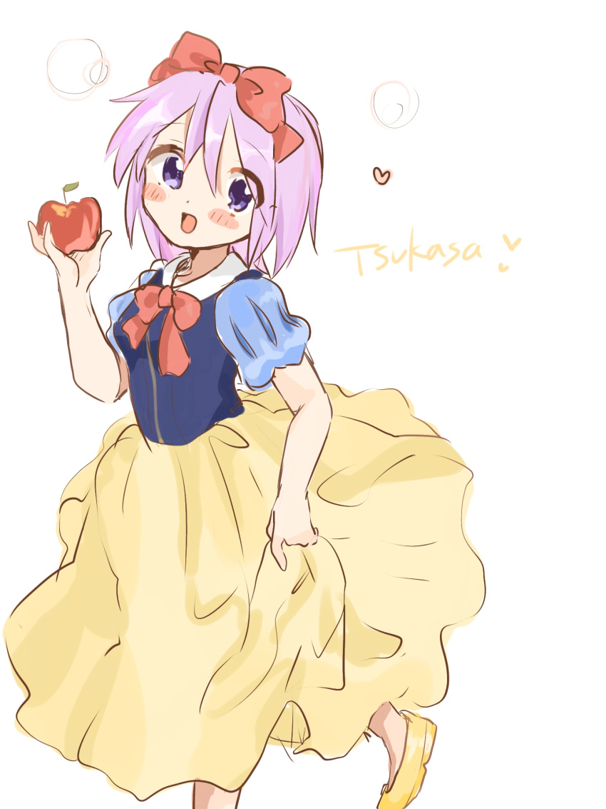 apple bow cosplay female food fruit heart highres hiiragi_tsukasa holding holding_food holding_fruit kagamiko_hanana looking_back lucky_star open_mouth purple_hair red_bow snow_white_(disney) snow_white_(disney)_(cosplay) snow_white_and_the_seven_dwarfs solo