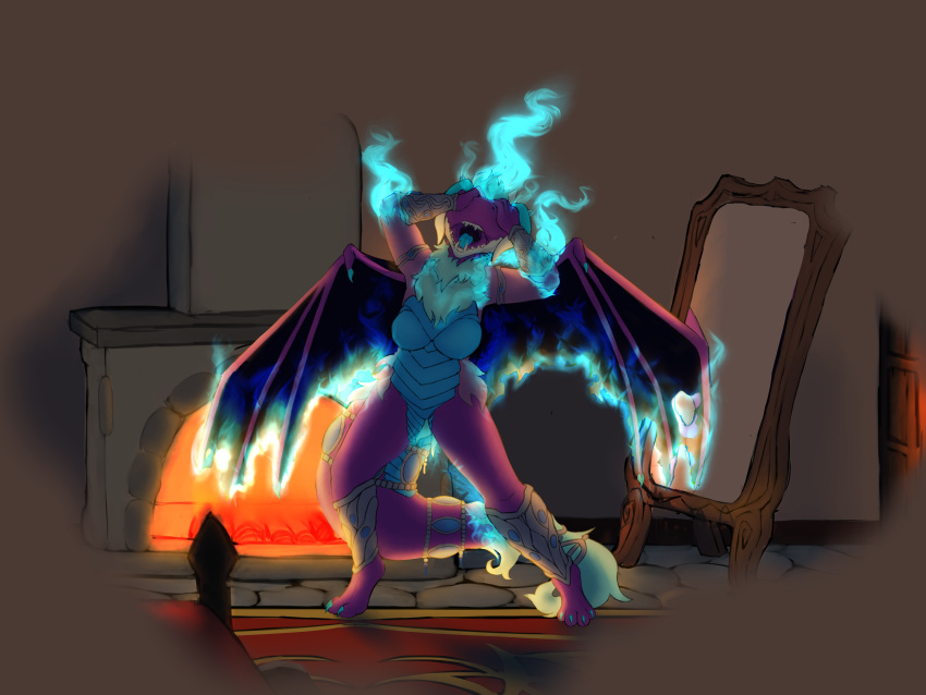 4:3 absurd_res anthro bedroom canid canine digitigrade dracarna dragon hi_res mammal membrane_(anatomy) membranous_wings mythological_creature mythological_scalie mythology scalie skulldog_(species) solo spirit tail transformation voirath wings