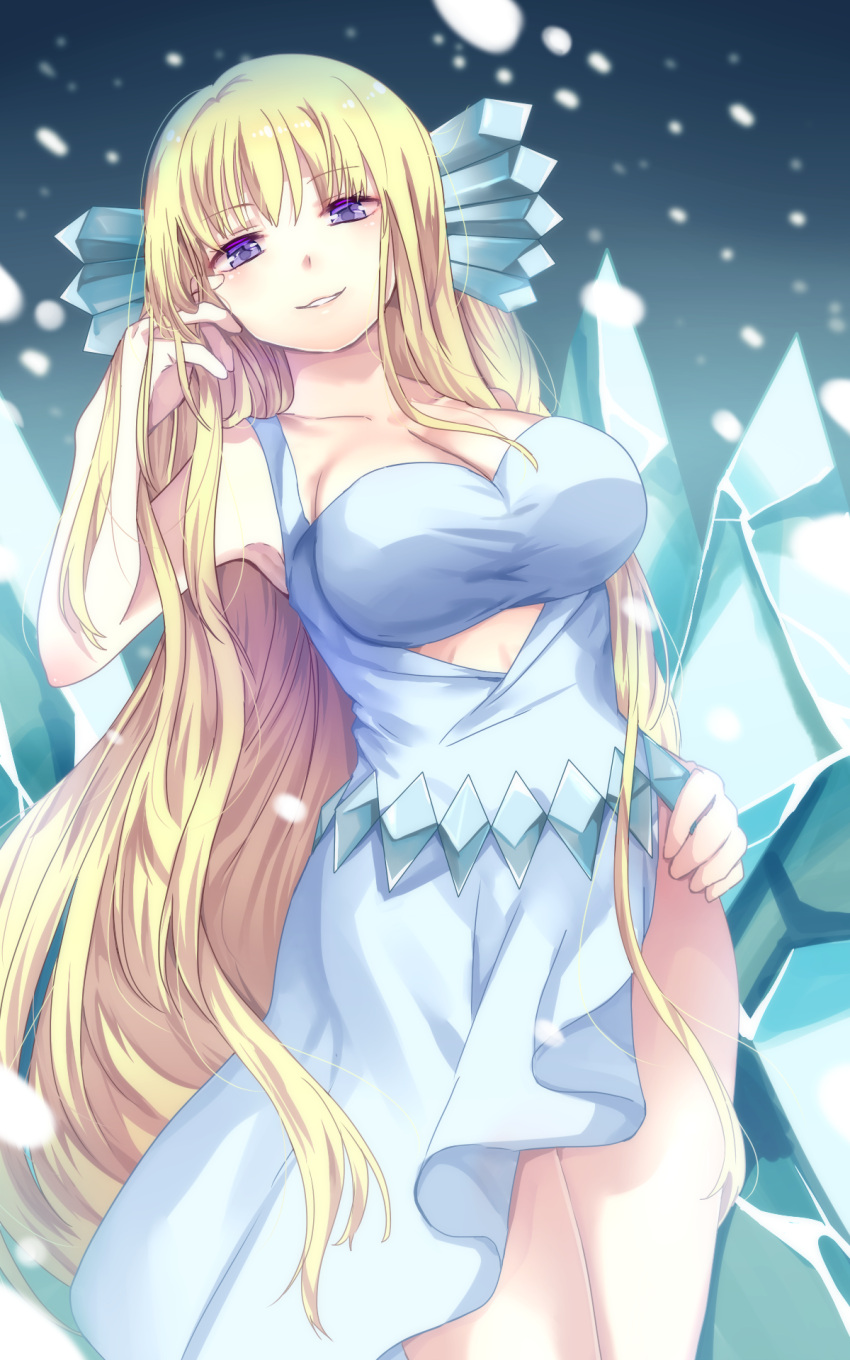 bare_shoulders belt blonde_hair blue_background blue_eyes breasts cleavage commentary_request commission female fins head_fins highres ice ice_cube large_breasts long_hair looking_at_viewer maria_(mermaid_melody_pichi_pichi_pitch) matryoshka_(borscht) mermaid_melody_pichi_pichi_pitch ocean pixiv_commission purple_eyes side_slit smile snow snowing solo standing straight_hair thighs very_long_hair