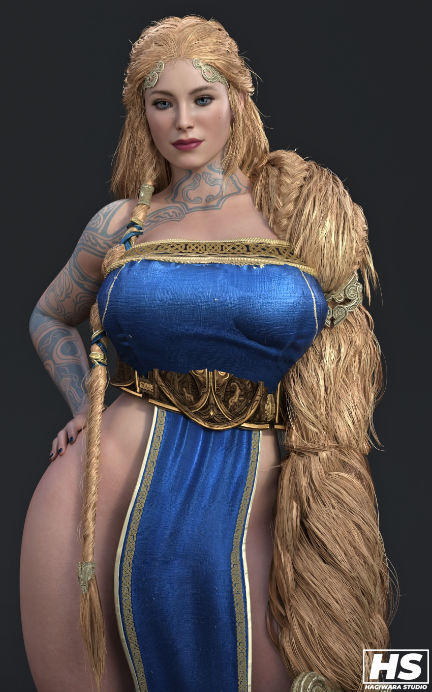 1girls 3d 3d_(artwork) aesir_(norse_mythology) big_breasts black_nails blonde_hair blue_dress blue_eyes braided_hair breasts clothed clothed_female curvy curvy_female curvy_figure female female_only fingernails front_view fully_clothed god_of_war god_of_war_ragnarok goddess grey_background hagiwara_studio hourglass_figure long_hair looking_at_viewer milf mother mythology nail_polish norse_mythology red_lips sif_(god_of_war) solo sony_interactive_entertainment tattoo tattooed_arm tattoos thick_thighs thighs twitter_username