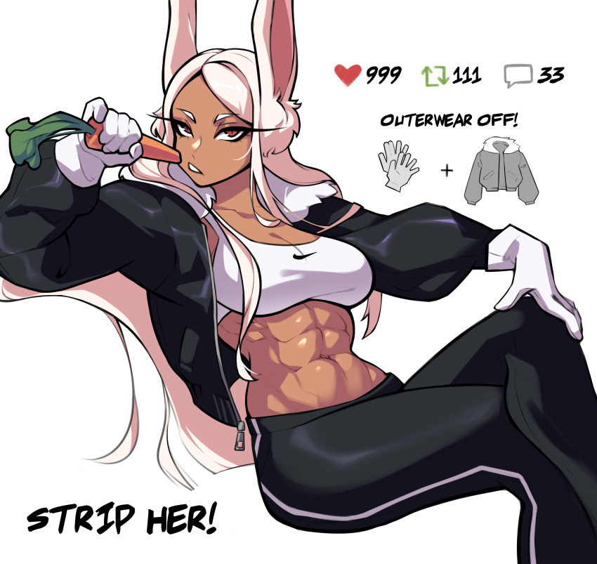 1girls 2022 abs bare_midriff belly black_jacket black_pants bra breasts bunny_ears carrot dark-skinned_female dark_skin eating eating_food english_text eyelashes female female_focus female_only fully_clothed gloves holding_carrot holding_food jacket large_breasts long_hair long_white_hair looking_at_viewer midriff miruko moiyablochki muscular muscular_female my_hero_academia navel red_eyes rumi_usagiyama sitting solo solo_female solo_focus sports_bra strip_game tan_skin text thick_thighs thighs track_pants white_bra white_hair white_sports_bra